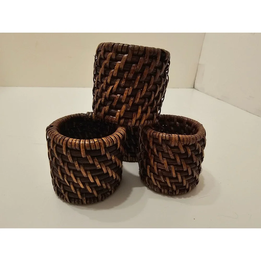 Set of 4 Dark Brown Woven Rattan Napkin Rings Rustic Basketweave Boho Table